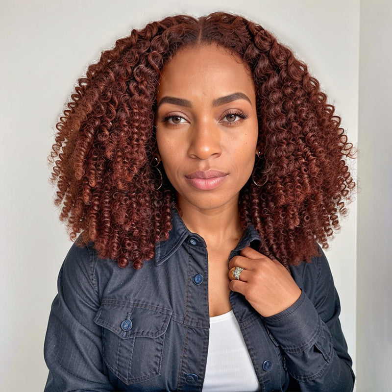 Trendy Color | Auburn Brown 5x5 Closure Lace Glueless Ventilated Wig 4C Afro Kinky Curly Wig 100% Human Hair