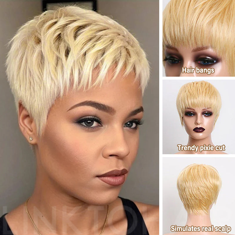 Kanye's Wife Bianca Same Style | Layered Short Pixie Cut Blonde 613 Wig 100% Human Hair