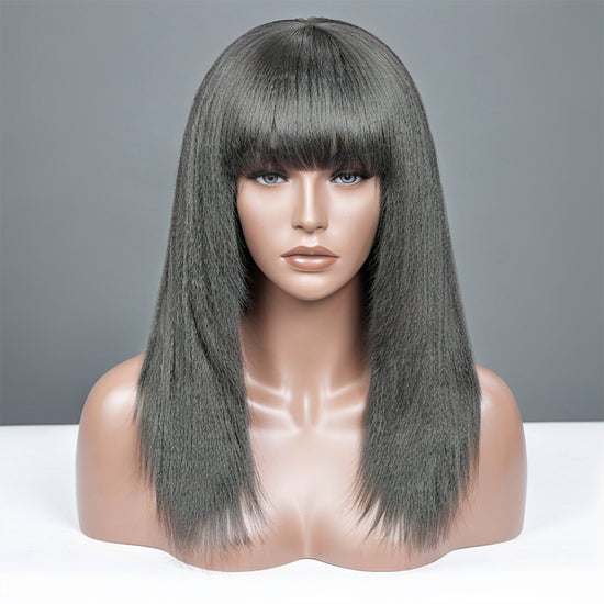 Trendy Design & Color | Salt & Pepper Kinky Straight Glueless Wig Layered Cut With Bangs 100% Human Hair Wigs