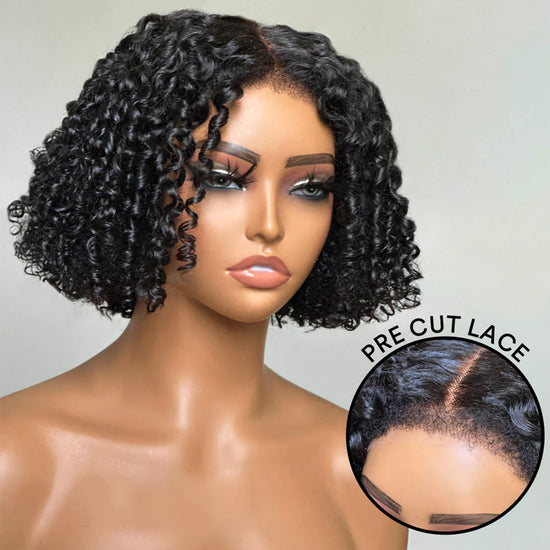 Put On & Go Finger Coiling Curls With Kinky Edges 5x5 Closure Lace Short Bob Wig