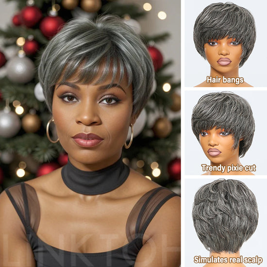 Salt & Pepper Short Straight Pixie Cut with Bangs 100% Human Hair Wig