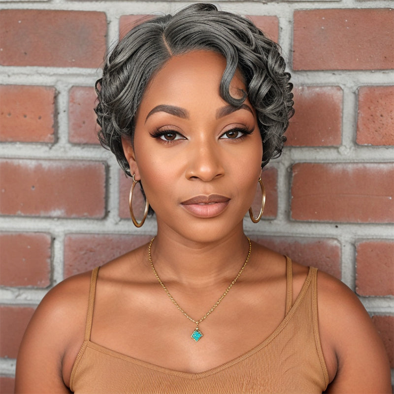 Salt And Pepper Short Pixie Cut Glueless 5x5 Closure Lace Side Part Bob Wavy Human Hair Wigs