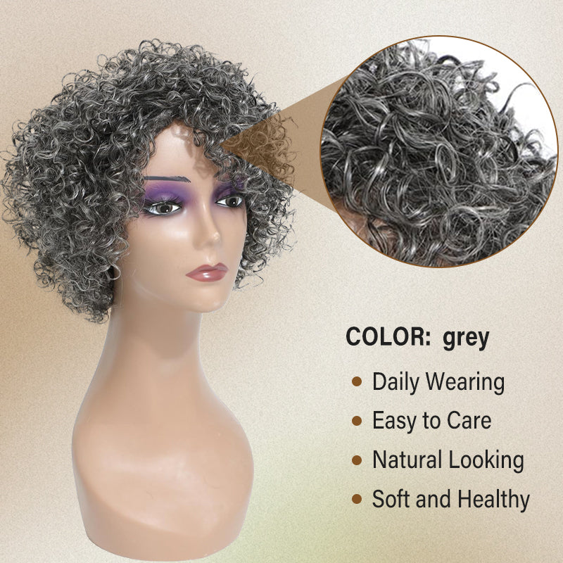Salt And Pepper Glueless Kinky Curly Bob Wig With Side Part Bangs Human Hair Wigs for Black Women