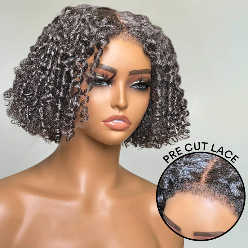 Salt And Pepper Glueless Finger Coiling Curls With Kinky Edges 5x5 Pre-cut Lace Short Bob Wigs
