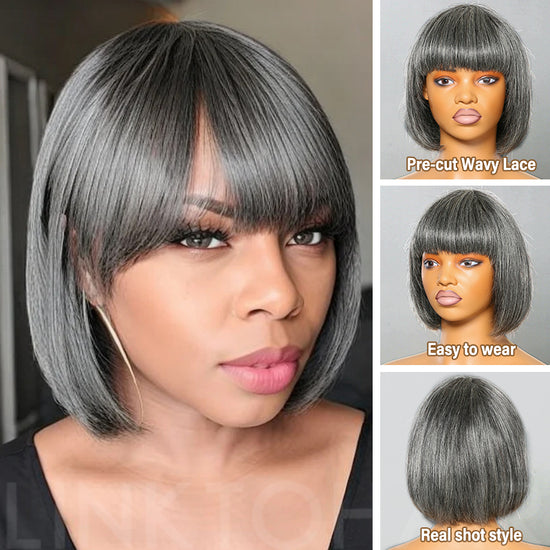 Salt & Pepper Glueless Bob Wig With Bangs 100% Human Hair