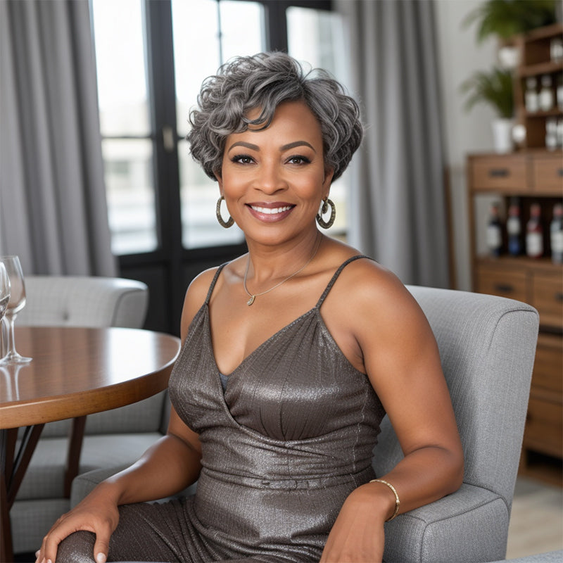 Whole Head Salt And Pepper Short Pixie Cut Glueless Human Hair Wig With Bangs