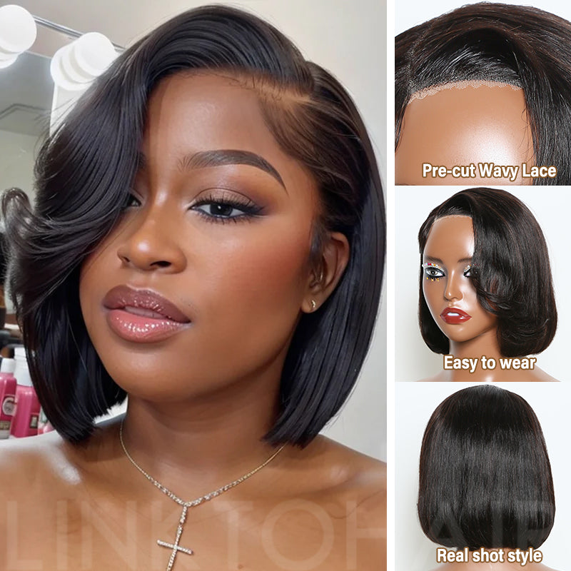 Put On & Go | Short Glueless 3D Cap Straight Bob 5X5 HD Lace Closure Side Part Wig With Bangs