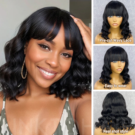 Lady Short Loose Wave Wig With Bangs 100% Human Hair