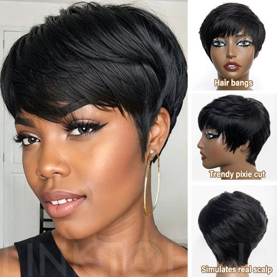 Trendy Layered Pixie Cut Short Wig With Bangs 100% Human Hair | Put On & Go