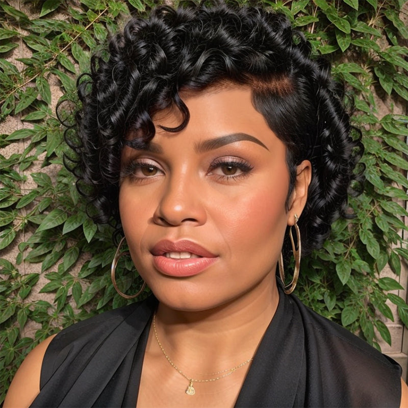 LinktoHair Short Pixie Natural Black Curly Hair Wigs Human Hair Wigs for Black Women