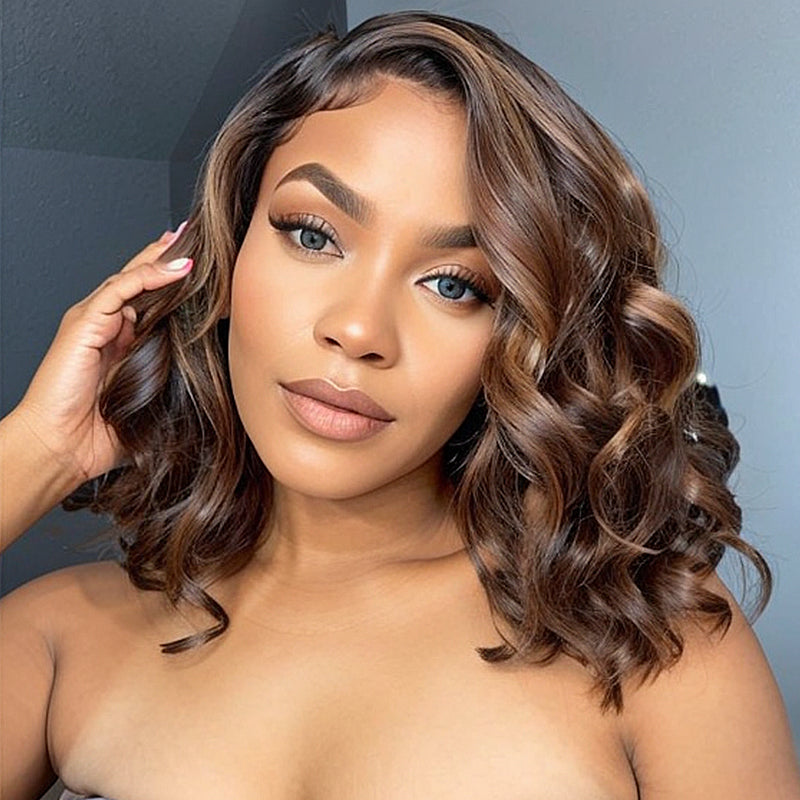 LinktoHair Brown Ombre Loose Wave 5x5 Lace Glueless Short Bob Lace Wig 100% Human Hair