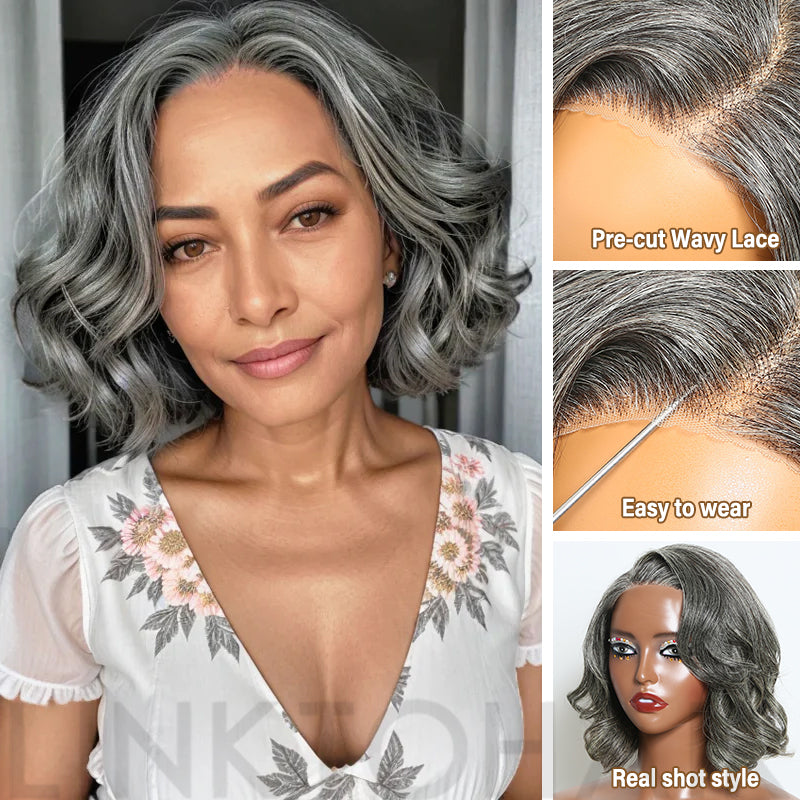 Limited Design | Salt & Pepper Water Wave Glueless 5x5 Closure Lace Bob Wig 100% Human Hair