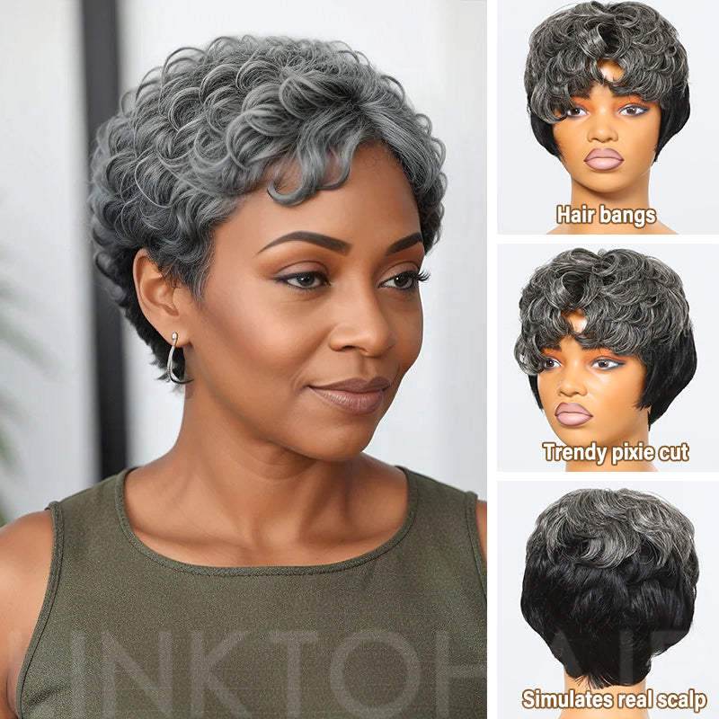 Trendy Color | Salt & Pepper Short Pixie Cuts Nature Wave Glueless Wig With Bangs Human Hair Wigs