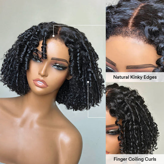 Load image into Gallery viewer, Put On &amp;amp; Go Finger Coiling Curls With Kinky Edges 5x5 Closure Lace Short Bob Wig
