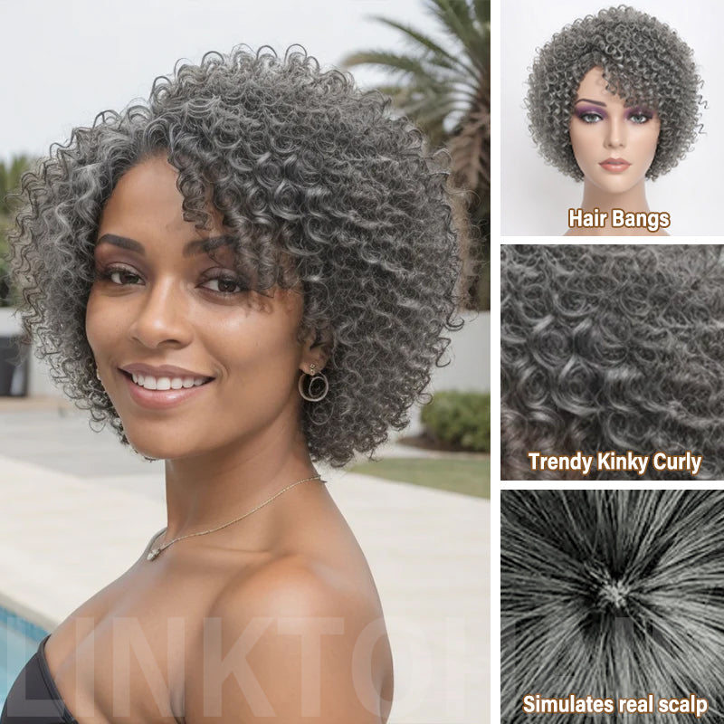 Salt And Pepper Glueless Kinky Curly Bob Wig With Side Part Bangs Human Hair Wigs for Black Women