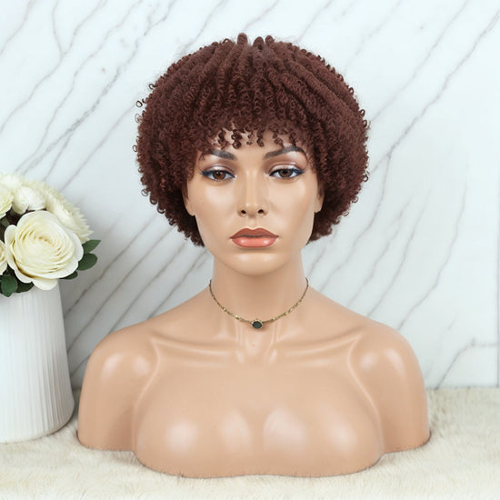 Load image into Gallery viewer, LinktoHair Chocolate Brown Short Curly Bob With Bangs Human Hair Wig Put On &amp;amp; Go
