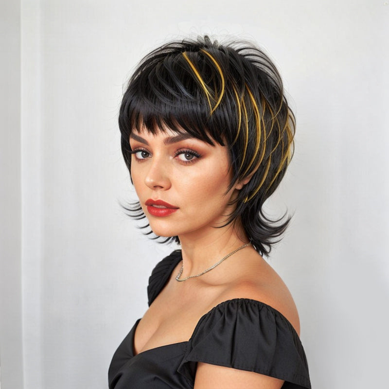 Load image into Gallery viewer, LinktoHair Short #1B 613 Blonde Hair Shaggy Layered 80s Mullet Wig Pixie Cut Wig With Bangs Curly 100% Human Hair
