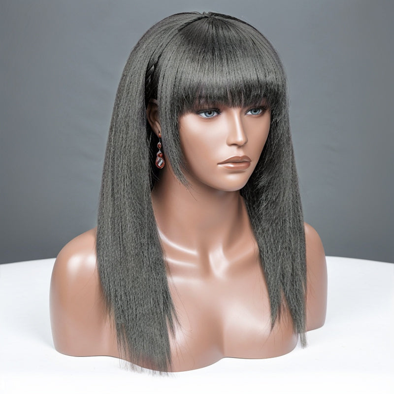 Trendy Design & Color | Salt & Pepper Kinky Straight Glueless Wig Layered Cut With Bangs 100% Human Hair Wigs