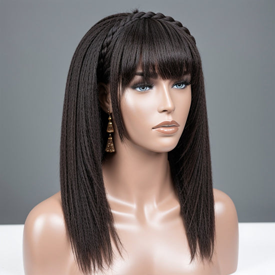 Trendy Design & Color | Salt And Pepper Kinky Straight Glueless Wig Layered Cut With Bangs 100% Human Hair Wigs