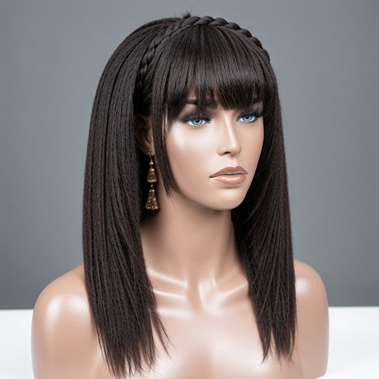 LinktoHair Natural Black Kinky Straight Glueless Wig Layered Cut With Bangs 100% Human Hair Wigs