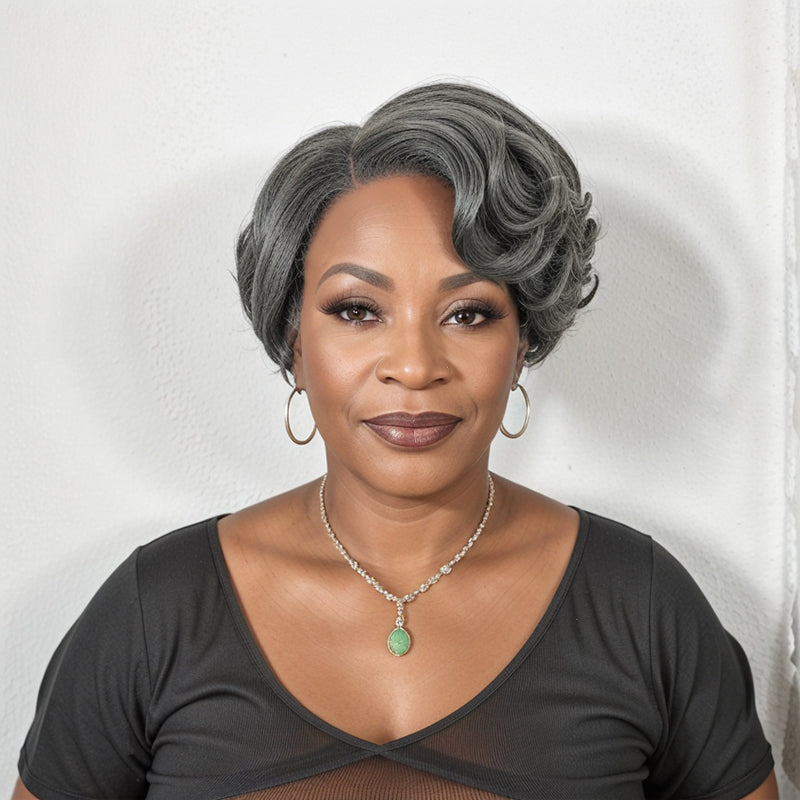 Salt And Pepper Short Wavy 5x5 Closure Lace Side Part Bob Glueless Human Hair