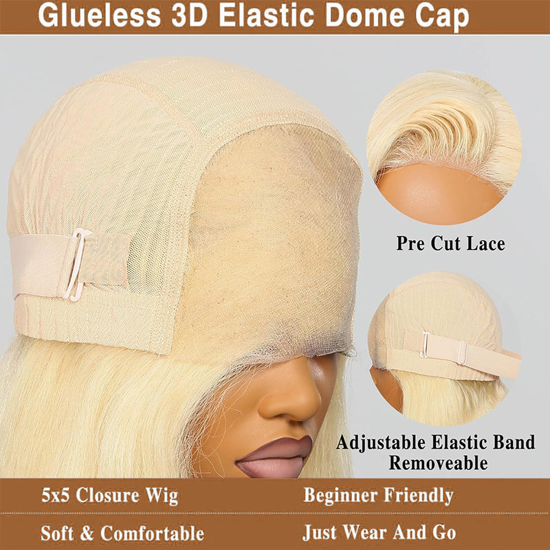613 Blonde Pixie Cut Glueless 5x5 Closure Lace C Part Short Wig Human Hair