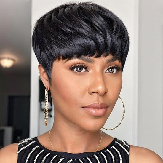 Trendy Layered Pixie Cut Short Wig With Bangs 100% Human Hair | Put On & Go