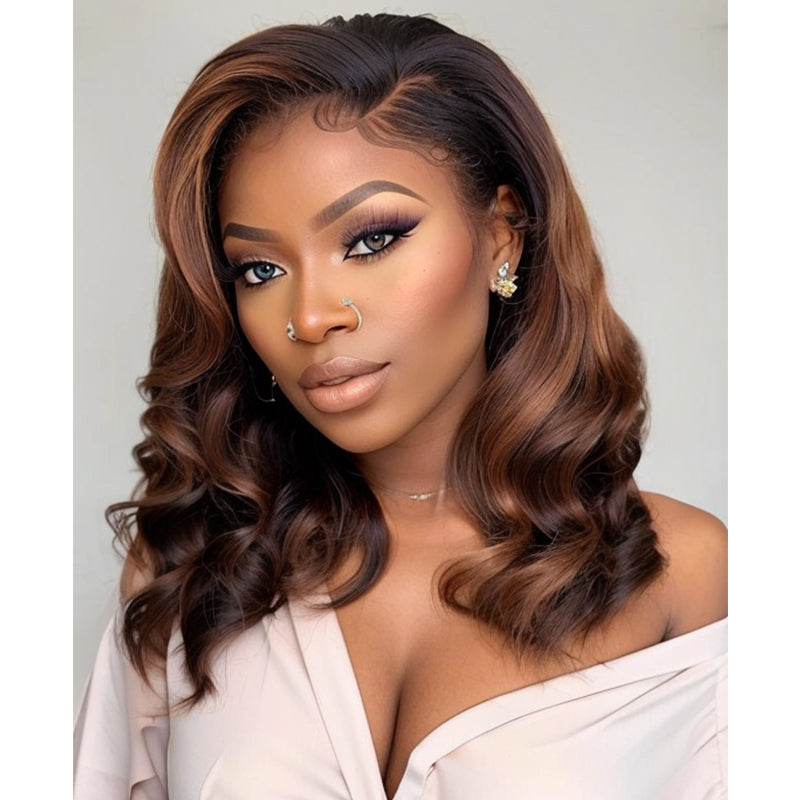 LinktoHair Brown Ombre Loose Wave 5x5 Lace Glueless Short Bob Lace Wig 100% Human Hair