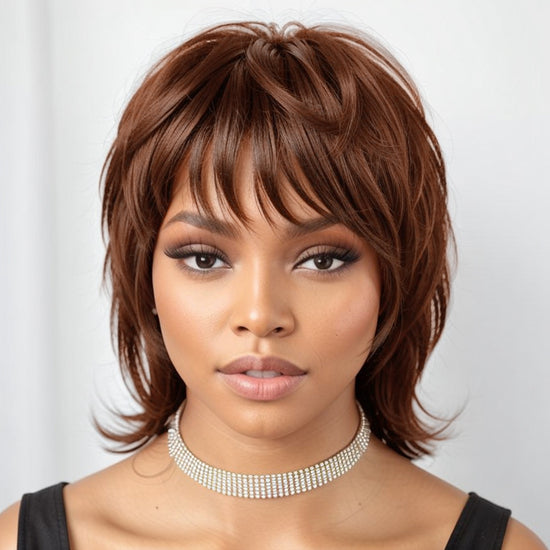 LinktoHair Short Brown Hair Shaggy Layered 80s Mullet Wig Pixie Cut Wig With Bangs Curly 100% Human Hair
