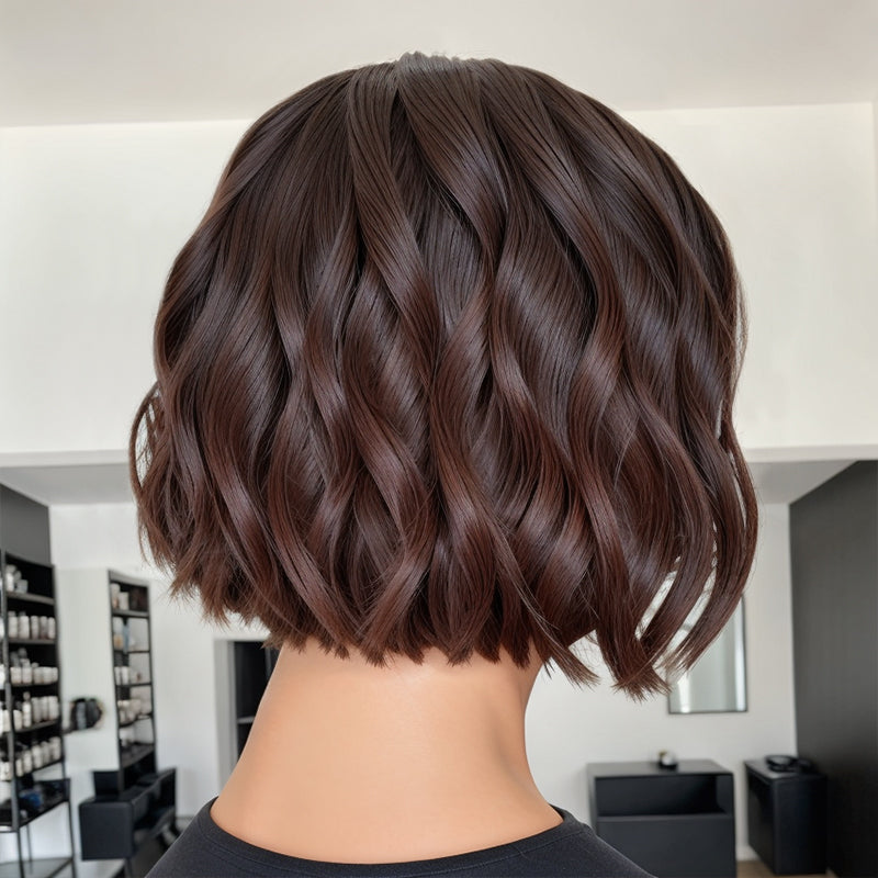 Ombre Chestnut Brown Colored Short Wavy Bob Wig with Bangs 100% Human Hair Wigs