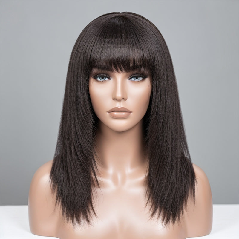 Trendy Design & Color | Salt And Pepper Kinky Straight Glueless Wig Layered Cut With Bangs 100% Human Hair Wigs