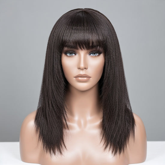 Trendy Design & Color | Salt And Pepper Kinky Straight Glueless Wig Layered Cut With Bangs 100% Human Hair Wigs