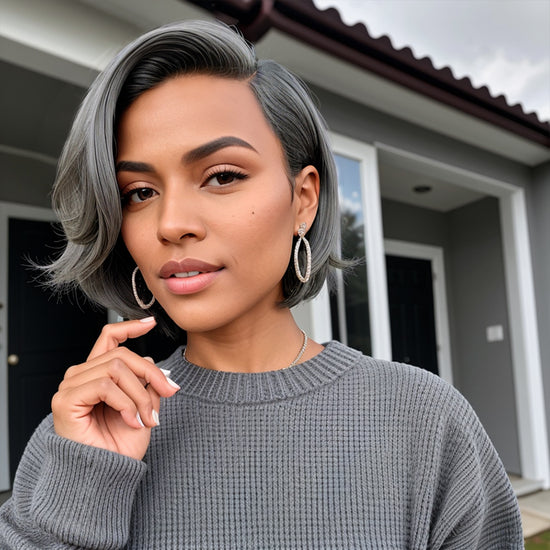 Salt And Pepper Short Pixie C Part Cut Glueless 5x5 Closure Lace Wig 100% Human Hair