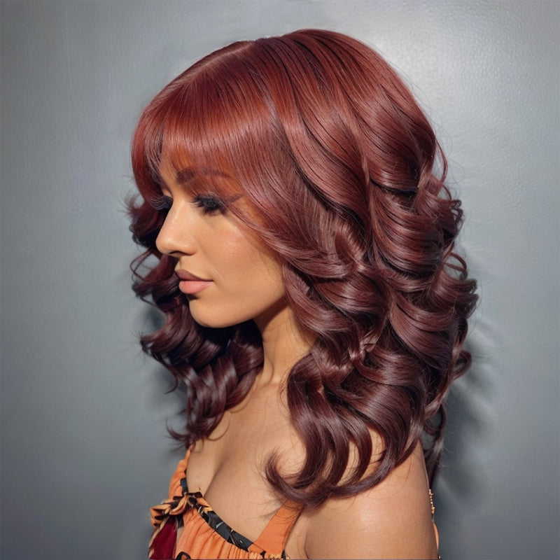 Load image into Gallery viewer, Linktohair Copper Colored Body Wave Long Hair Light Layers with Bangs 100% Human Hair Wigs
