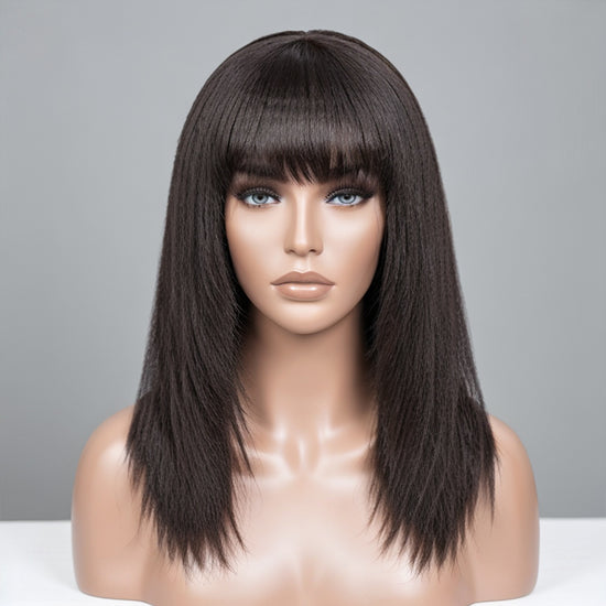 LinktoHair Natural Black Kinky Straight Glueless Wig Layered Cut With Bangs 100% Human Hair Wigs