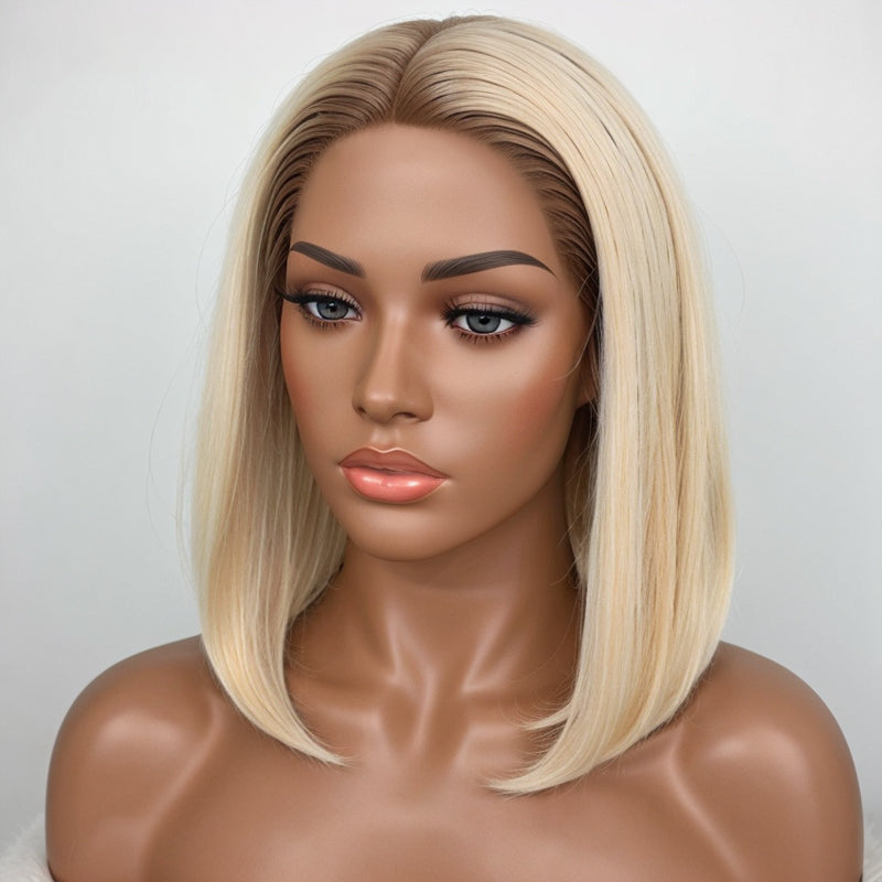 #4/613 Blonde Bob Wigs With Dark Brown Roots Ombre Lace Closure Bob Wigs