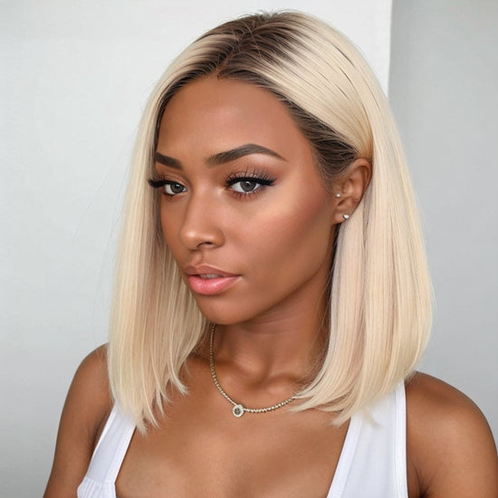 #4/613 Blonde Bob Wigs With Dark Brown Roots Ombre Lace Closure Bob Wigs