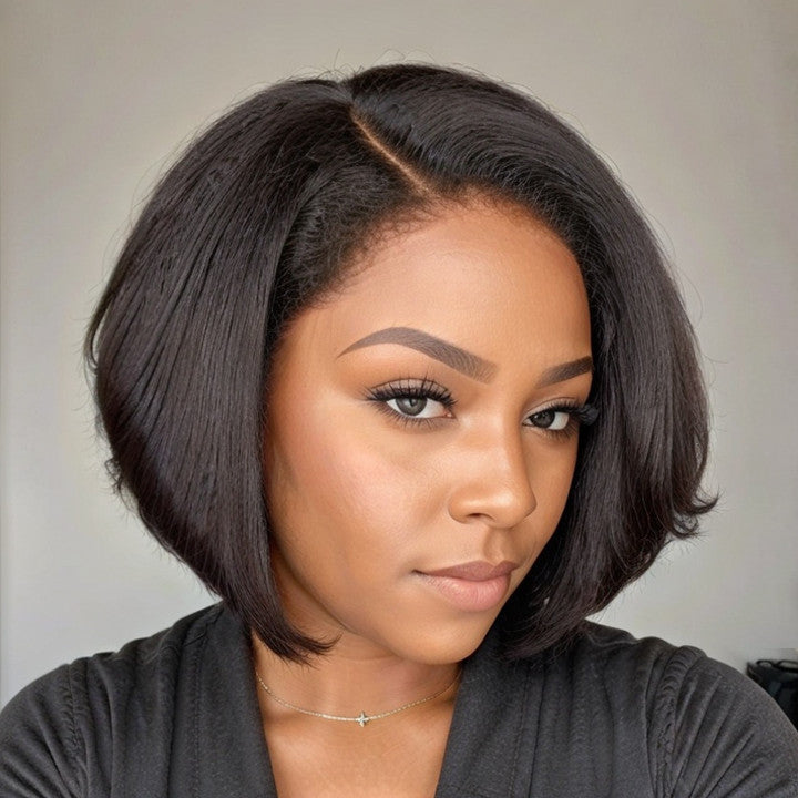 4C Kinky Edges | Short Kinky Straight Bob With Side Swept Bangs HD Lace 13x4 Frontal Wig