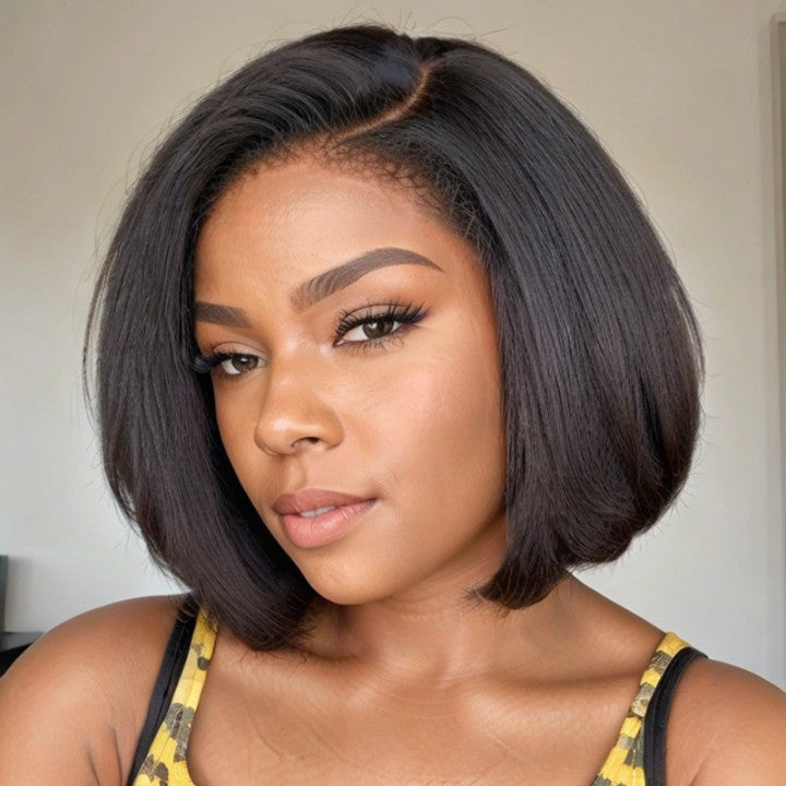 4C Kinky Edges | Short Kinky Straight Bob With Side Swept Bangs HD Lace 13x4 Frontal Wig