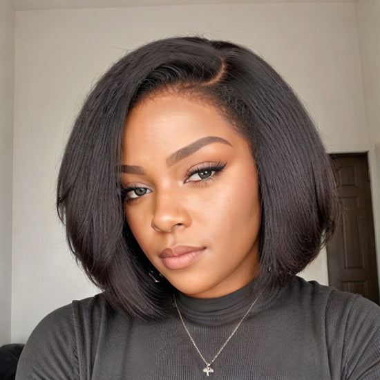 Load image into Gallery viewer, 4C Kinky Edges | Short Kinky Straight Bob With Side Swept Bangs HD Lace 13x4 Frontal Wig
