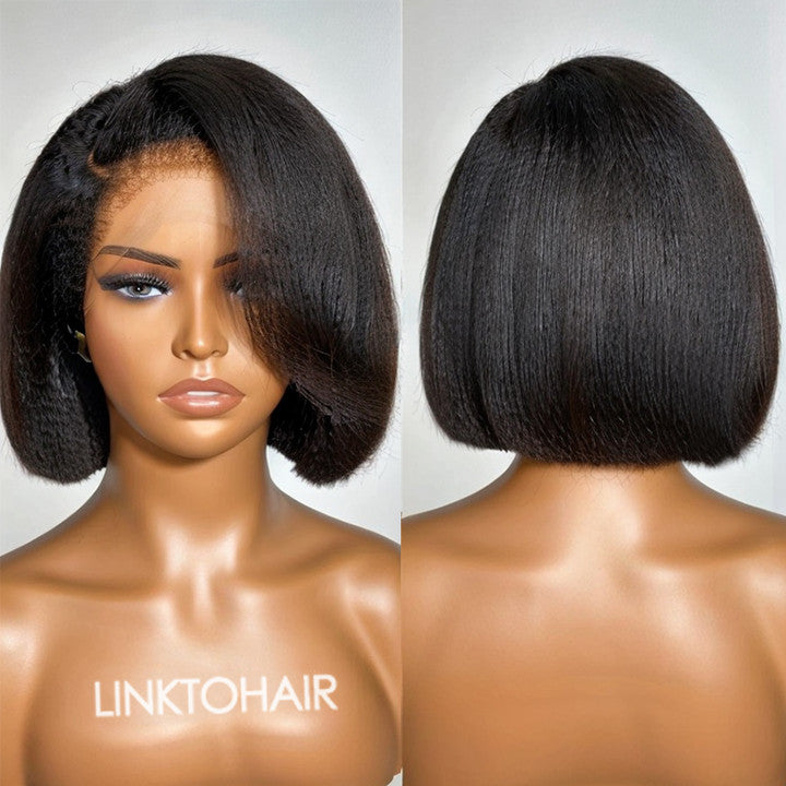 4C Kinky Edges | Short Kinky Straight Bob With Side Swept Bangs HD Lace 13x4 Frontal Wig