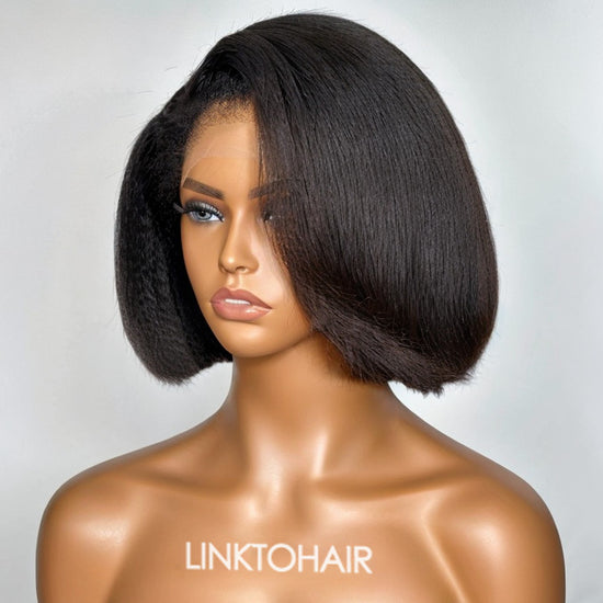 4C Kinky Edges | Short Kinky Straight Bob With Side Swept Bangs HD Lace 13x4 Frontal Wig