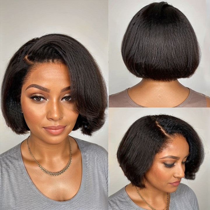 4C Kinky Edges | Short Kinky Straight Bob With Side Swept Bangs HD Lace 13x4 Frontal Wig