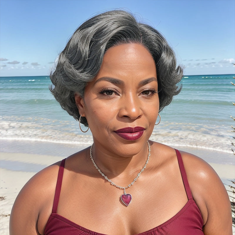 Salt And Pepper Short Pixie Cut Glueless 5x5 Closure Lace Side Part Bob Wavy Human Hair Wigs