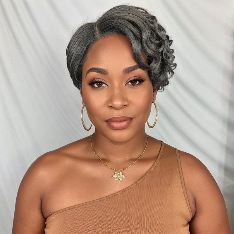 Salt And Pepper Short Pixie Cut Glueless 5x5 Closure Lace Side Part Bob Wavy Human Hair Wigs