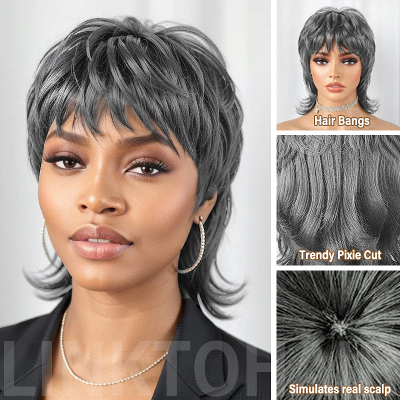 Salt And Pepper Mullet Wig Put on and Go Shaggy Layered 80s Short Pixie Cut Wig With Bangs Curly 100% Human Hair