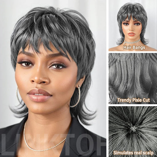 Salt And Pepper Mullet Wig Put on and Go Shaggy Layered 80s Short Pixie Cut Wig With Bangs Curly 100% Human Hair
