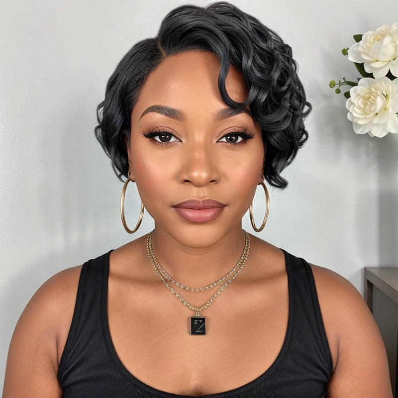 Salt And Pepper Short Pixie Cut Glueless 5x5 Closure Lace Side Part Bob Wavy Human Hair Wigs