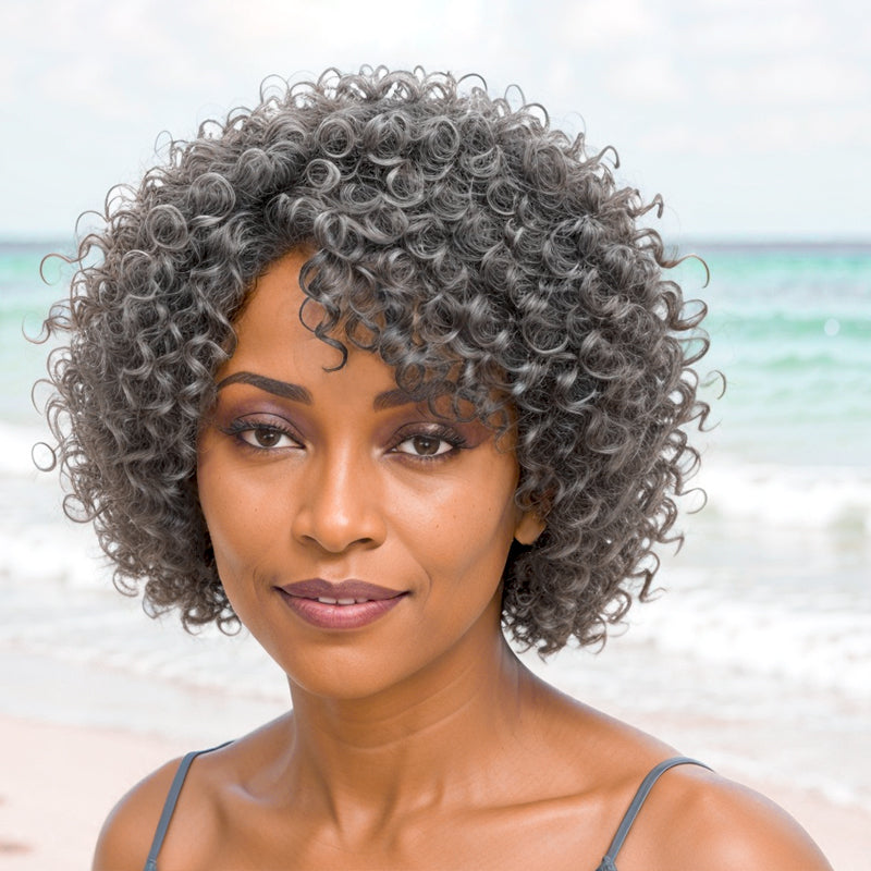 Salt And Pepper Glueless Kinky Curly Bob Wig With Side Part Bangs Human Hair Wigs for Black Women