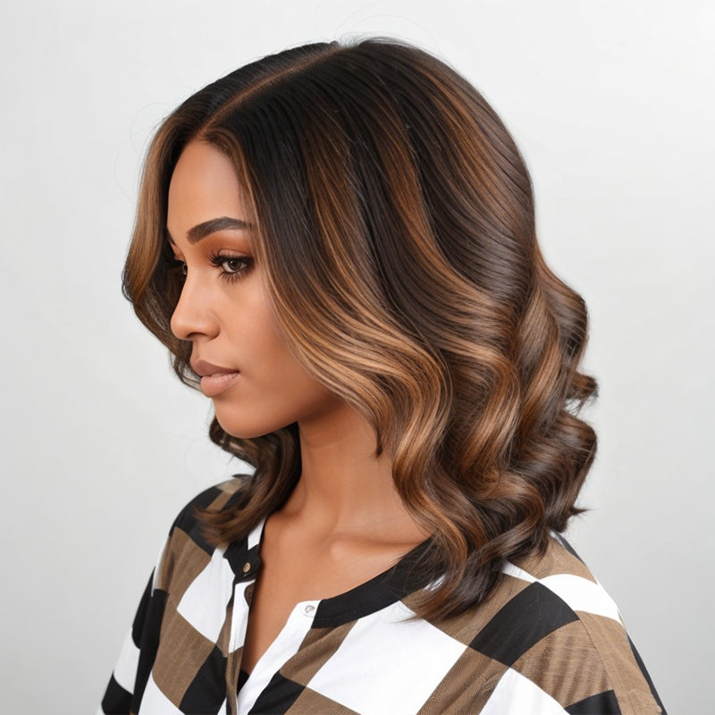 Load image into Gallery viewer, Wear &amp;amp; Go | Brown With Blonde Highlight Glueless Bob Wavy Wig 5x5 Closure Lace Human Hair
